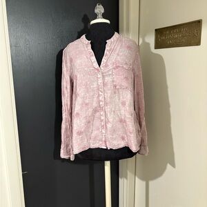 💜 Pilcro by Anthro Lavender Cotton Button-Up Blouse with Embroidered Flowers